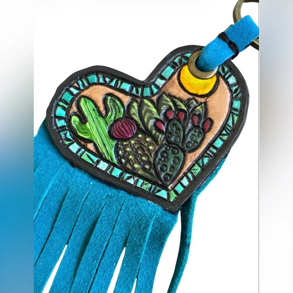 Artisan Southwest Western Leather Heart Cactus Fringe Purse Keychain